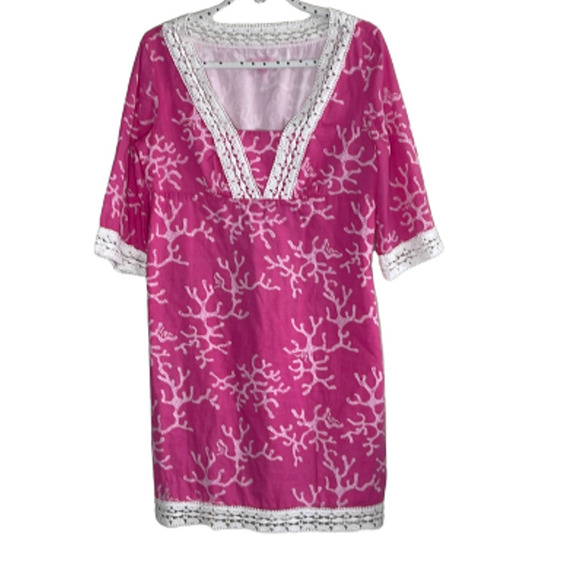 LILLY PULITZER SHERMAN CORAL PRINT ME CRAZY PINK AND WHITE LACE DRESS SIZE S - Picture 1 of 9